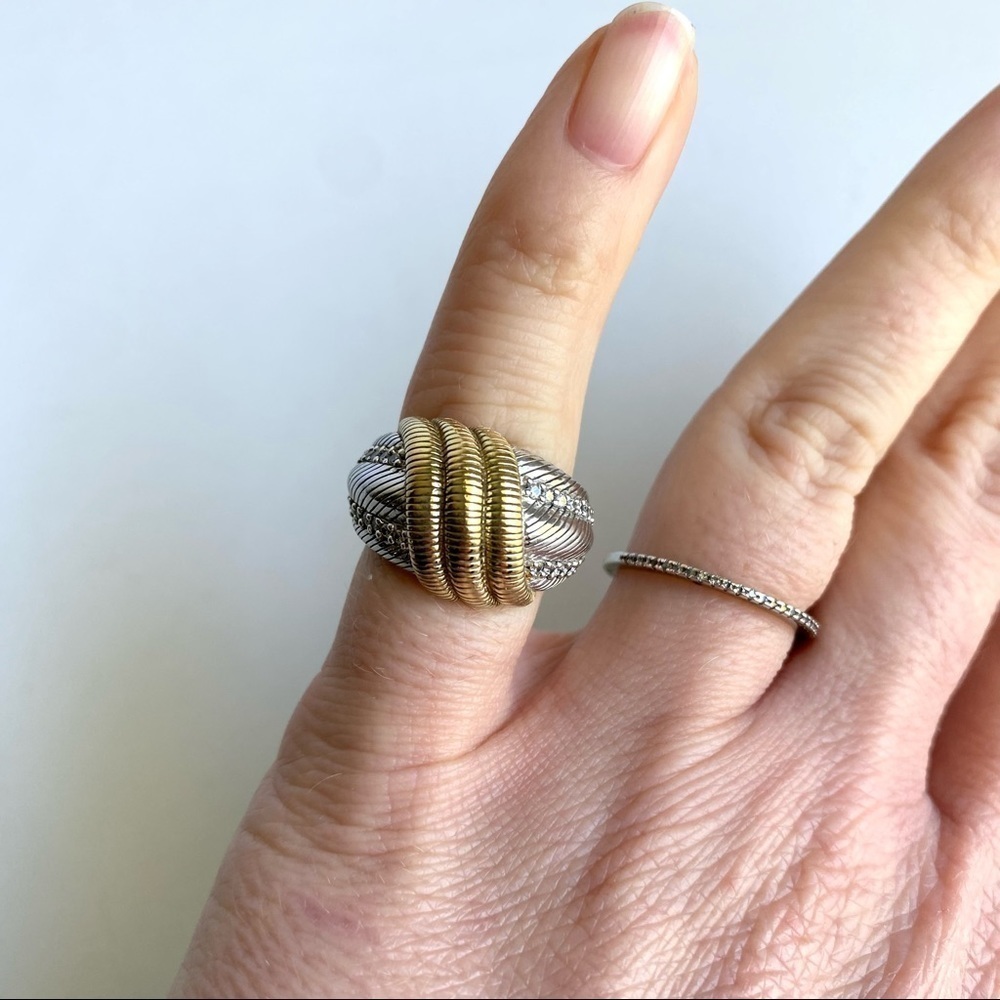 Judith Ripka Cocktail Ring Sterling Silver 14K Gold Faux Diamond Band Size 4.5 5 - Picture 7 of 9